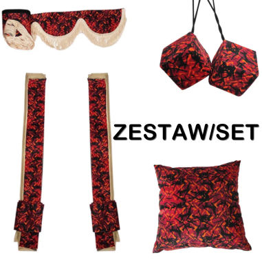 CONJUNTO DANÉS: CORTINAS DE FELPA ROJA + ROLLOS + ALMOHADA + DADOS