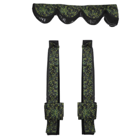 DEENSE SET: GROENE PLUCHE GORDIJNEN + ROLLEN + KUSSEN + DOBBELSTENEN