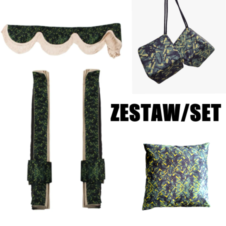 DÁNSKÁ SADA: ZELENÉ PLYŠOVÉ ZÁVĚSY + ROLKY + POLŠTÁŘ + KOSTKY